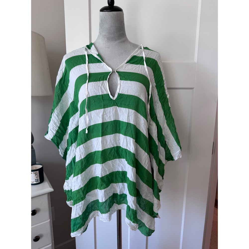 ViX Paula Hermanny Green White Striped Hooded Caftan Swim Cover Up OS